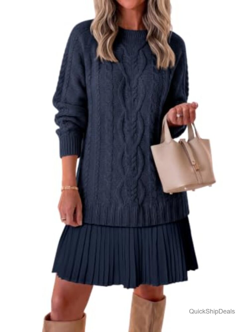 Cable Knit Sweater Dress Patchwork Pleated Long Sleeve Crewneck Mini Dress